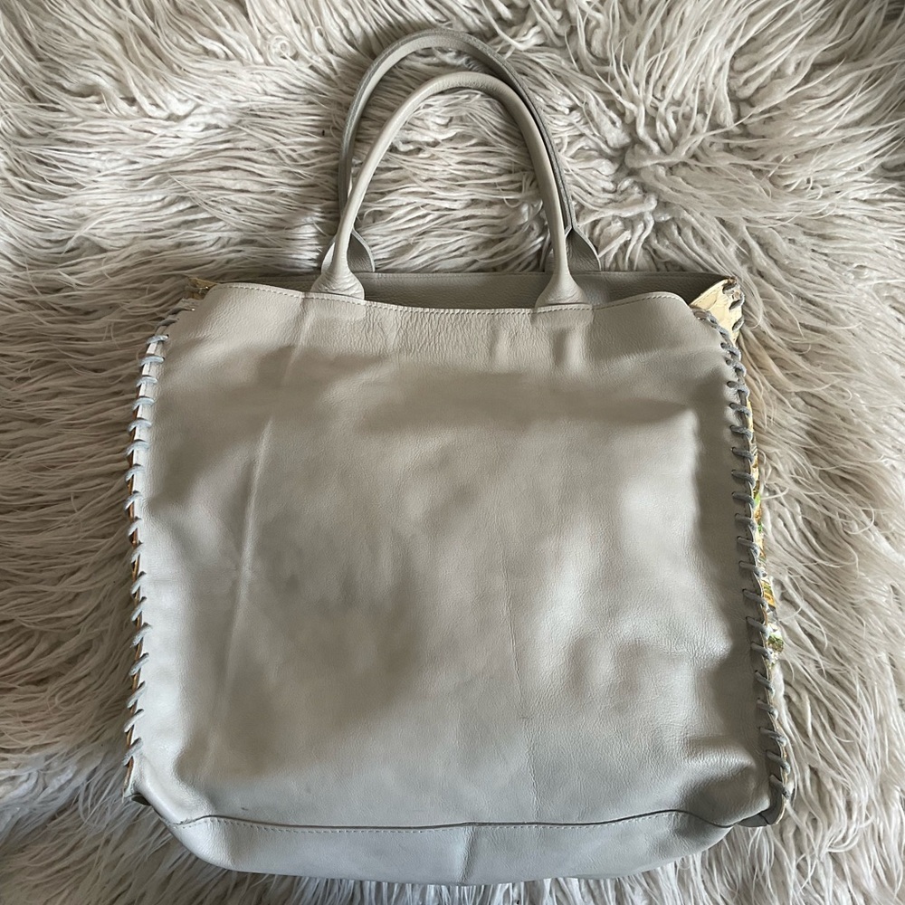 Let & Her Gray Leather Multicolor Snake Skin Side Whipstitch Large Tote Bag EUC
